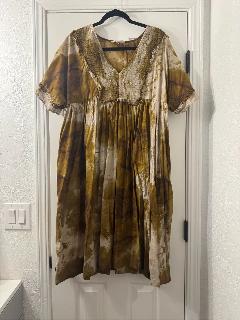 Smocked V-Neck Midi Dress in Tie-Dye Mustard